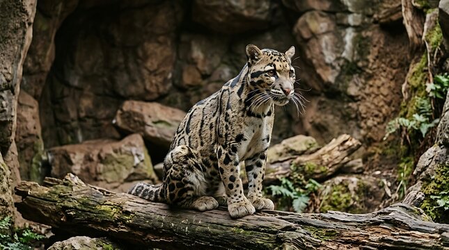 Clouded leopard resting on a log in a natural habitat with a rocky background and lush vegetation