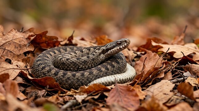 Common European adder resting among autumn leaves in a forest floor wildlife photography