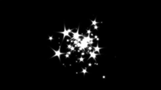 White sparkling stars glitter burst animation, magic fairy dust trail, twinkling glow particles, seamless transition effect on black background, 4K motion graphics overlay