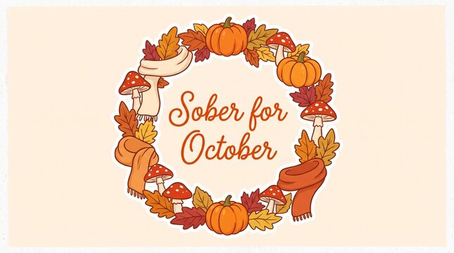 Festive autumnal wreath illustration featuring bright orange pumpkins red mushrooms and cozy colorful scarves surrounding the sober for october calligraphy text on cream light background