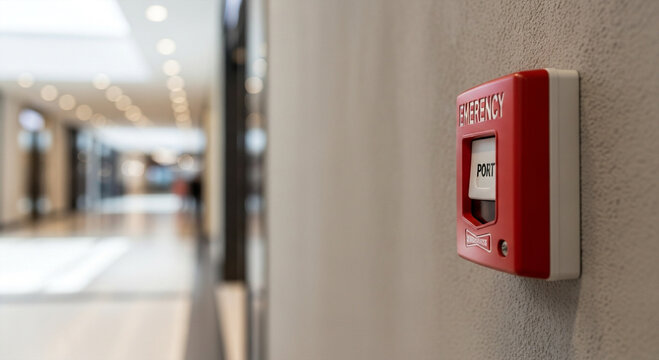 Red fire alarm box mounted on a wall.