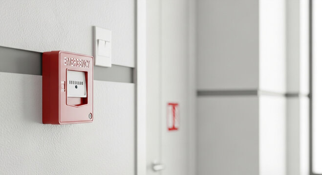 Red fire alarm box mounted on white wall 1.