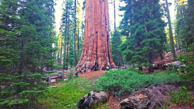 General Sherman Tree towering into blue sky along Sherman Tree Trail in Sequoia National Park California