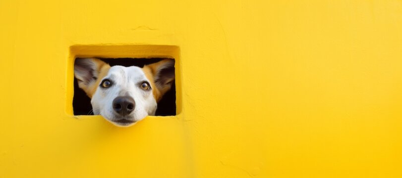 Dog with white and brown fur peeks through a square opening in a vibrant yellow wall, showcasing a playful expression and curious demeanor in a bright environment
