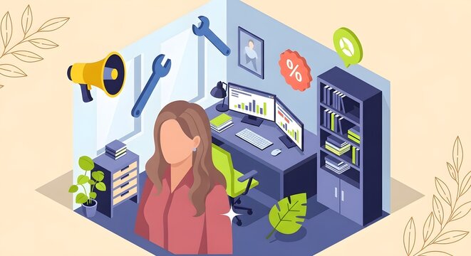 Cartoon woman working in a tech-focused office surrounded by servers, coding symbols, and digital tools in an isometric view.