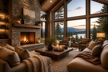 Obraz premium Living room with fireplace and mountain lake view through windows