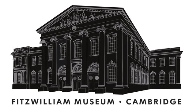 Very beautiful black and white realistic vector illustration of the historic Fitzwilliam Museum, featuring a bold caption reading "FITZWILLIAM MUSEUM &bull; CAMBRIDGE", refined engraved architectural detai