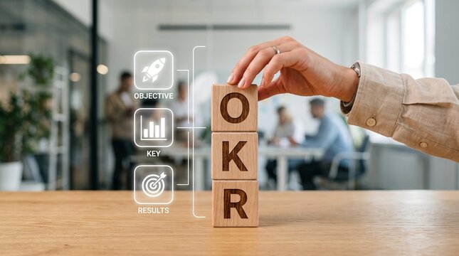 Business professional stacking wooden blocks labeled okr to visualize strategic objective and key results framework during a corporate planning meeting in a bright modern office