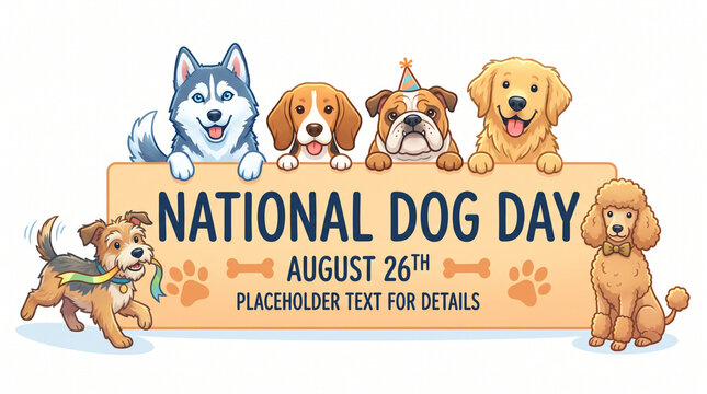 National dog day greeting card with multiple dog breeds illustration august 26th date decorative paw prints for pet celebration paw print multiple dogs august 26 isolated