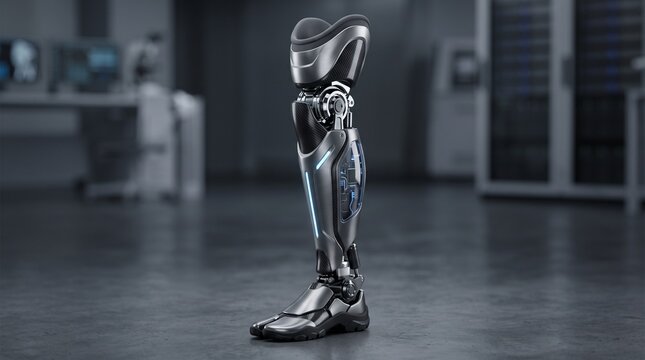 Advanced Prosthetic Leg: A sleek, high-tech prosthetic leg stands in a futuristic laboratory setting, showcasing cutting-edge bionic design and engineering for enhanced mobility.