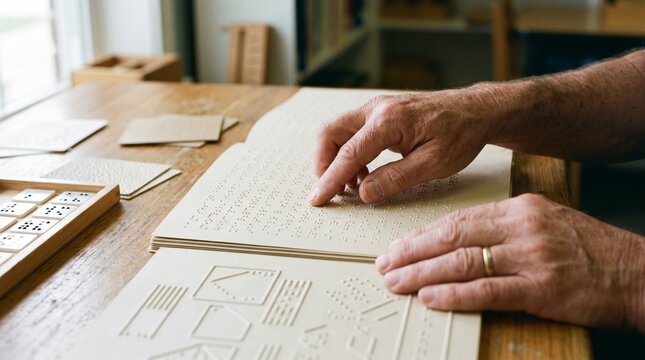 Learning Braille: Close-up of a person's hands reading a braille book, with raised dots on the page and tactile graphics, highlighting the method of reading for the visually impaired.