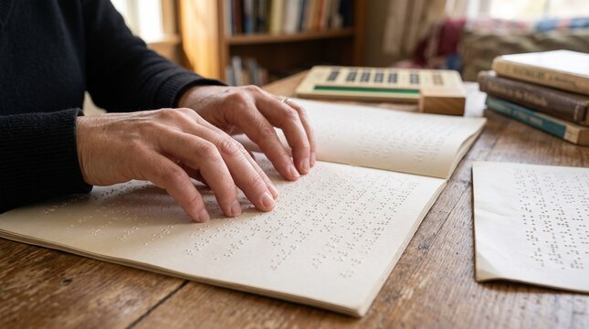 Reading Braille: A close-up shot shows a person's hands delicately tracing the raised dots of a Braille book, surrounded by other books on a wooden table.