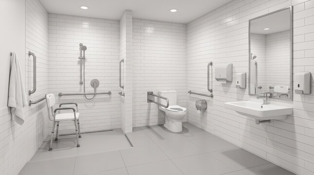 Accessible Washroom: A modern, fully accessible washroom featuring a roll-in shower, grab bars, a raised toilet seat, and a wall-mounted sink, designed for inclusivity and ease of use.