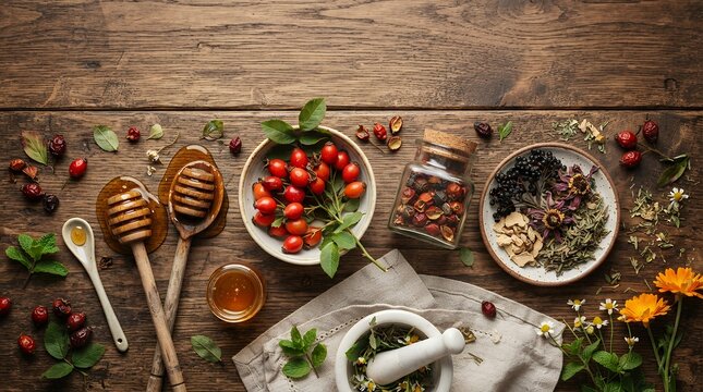 Autumn wellness ingredients arranged on rustic wood. Dried herbs, rosehips, honey, and spices in natural flat lay composition.
