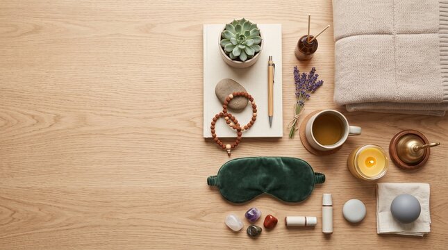 A Sanctuary of Serenity: A carefully arranged collection of items designed for relaxation and wellness, including a sleeping mask, essential oil roller, crystals, tea, a candle.