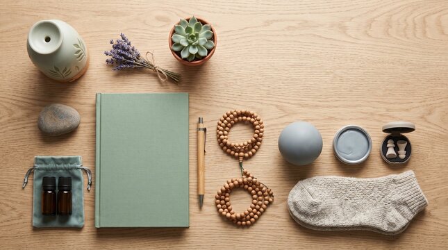 Serene Self-Care Kit: A curated collection of items for mindfulness and relaxation, including a journal, aromatherapy diffuser, meditation beads, a succulent plant, and a cozy sock.