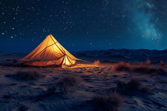 Brightly lit tent stands in a serene desert landscape under a starry night sky, showcasing the beauty of nature and outdoor adventure in a tranquil environment