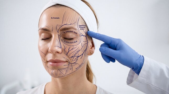 Facial Anatomy Mapping for Cosmetic Treatment &ndash; Woman Face with Medical Markings and Doctor Hand in Aesthetic Procedure Concept