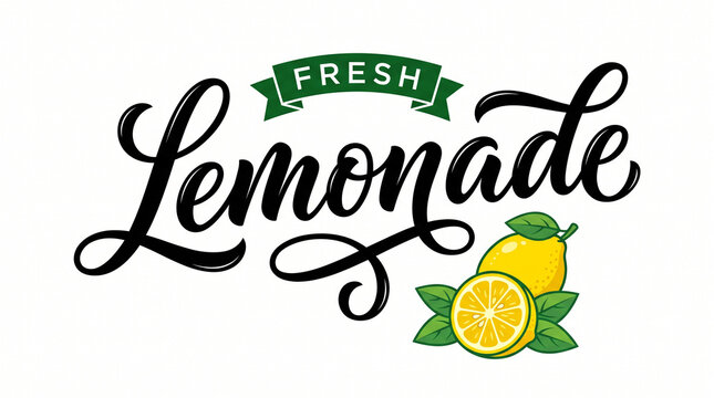 Hand-drawn illustration of fresh lemonade text with a ripe lemon and green leaves on a clean white background kitchen utensile lemon juice day lemonade illustration beverage