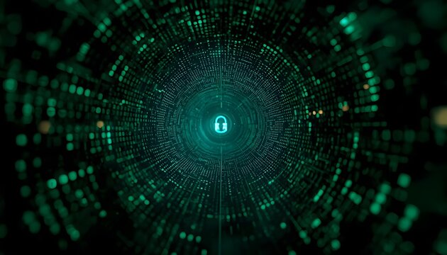 Cyber security padlock icon in green matrix digital data tunnel background