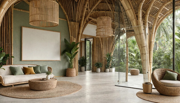 Modern ecofriendly interior design in tropical setting with bamboo accents and greenery