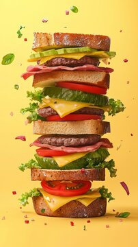 Stacked sandwich with layers of lettuce, tomato, pickles, cheese, and meat, showcasing vibrant colors and textures against a bright yellow background, perfect for food photography
