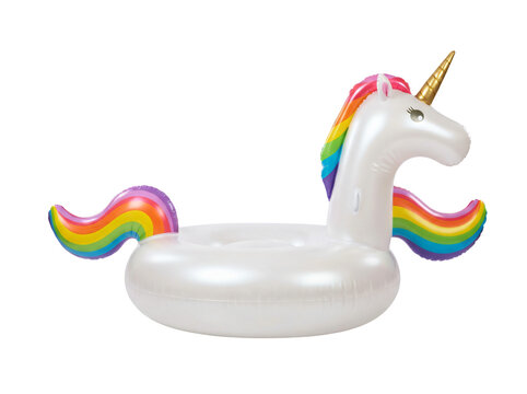 Inflatable rainbow unicorn pool float for summer fun. Vibrant pastel toy for kids and party decorations with transparent background.