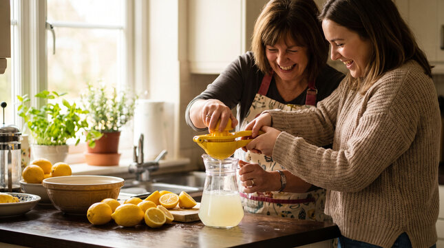 Woman in apron preparing fresh lemon dessert in modern kitchen with citrus fruits and baking ingredients on countertop lemon juice day kitchen utensile ingredient celebration