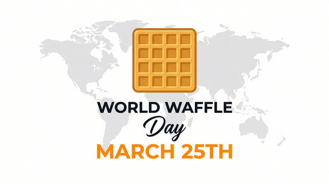 World waffle day march 25th promotional graphic with golden waffle illustration on white plate and syrup drizzle for global breakfast celebration food photography hot drink