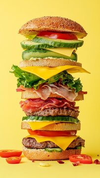 Stacked gourmet burger with layers of fresh vegetables, crispy bacon, melted cheese, and juicy beef patty, presented against a vibrant yellow background for an appetizing visual appeal