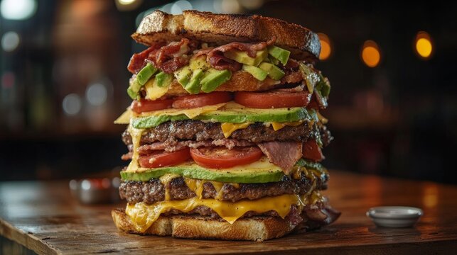 Stacked gourmet burger with layers of beef patties, crispy bacon, fresh vegetables, and melted cheese, served on toasted bread, showcasing indulgent culinary craftsmanship