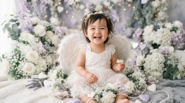 Adorable baby girl dressed as an angel with wings and flower crown smiles brightly