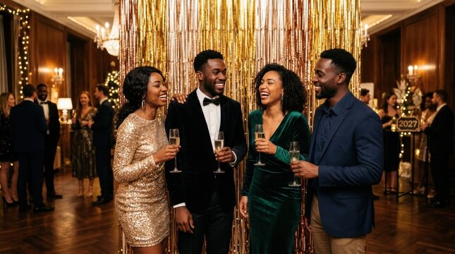 Diverse group of friends celebrating New Year's Eve with champagne and laughter
