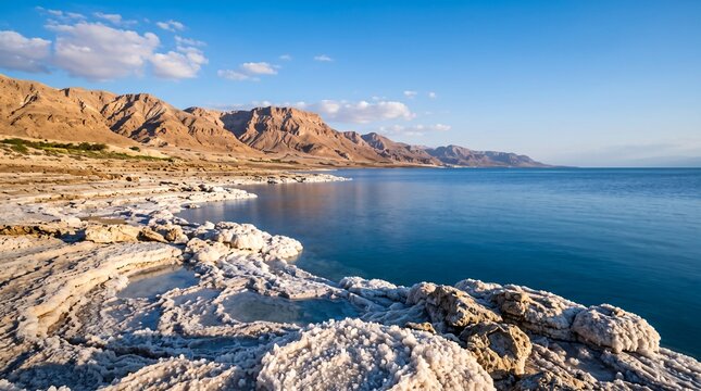 Panoramic view of the salt-crusted shores of the Dead Sea, Jordan.