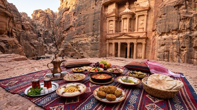 Traditional Jordanian breakfast overlooking the Treasury of Petra.