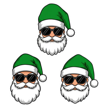 three modern, stylized vector icons of santa claus heads wearing reflective black wayfarer sunglasses and kelly green christmas hats, isolated on white background with copy space. concept of cool