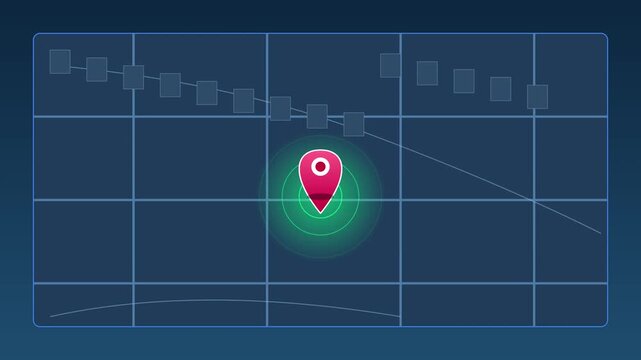 Digital map pin location marker with radar pulse on abstract grid animation 4k background, for navigation and, gps tracking technology concepts