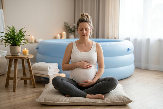Pregnant woman meditating beside an inflatable birthing pool in a peaceful home birth setting. Soft candlelight, natural light, relaxation, mindfulness, maternity, wellness, and childbirth preparation