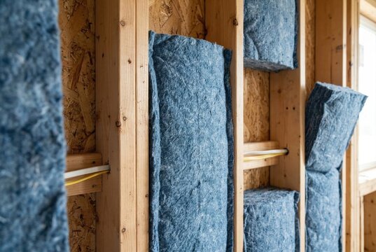 Close-up of eco-friendly blue denim insulation packed tightly between wooden wall studs