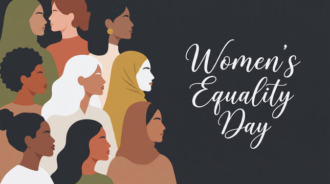 Women's equality day celebration poster with diverse female silhouettes and bold typography in colors female empowerment gender equality human rights social justice equality