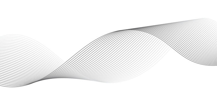 Abstract monochrome flowing wave lines with elegant grey and black curves on transparent background, creating a modern soundwave frequency pattern for digital technology and data visuals.