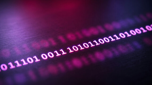 Digital binary code glowing pink and purple on dark textured surface