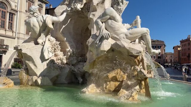 Fountain of the Four Rivers in Piazza Navona, statue of the River Ganges, Rome, Italy