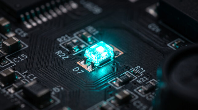 Close-up macro shot of glowing turquoise LED light on a dark electronic circuit board