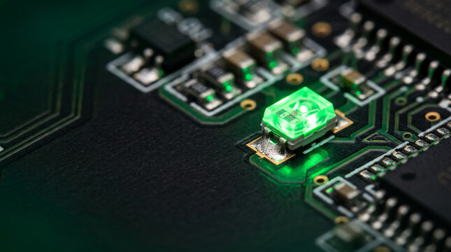 Glowing green LED light on detailed circuit board with complex electronics