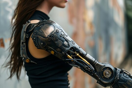 Futuristic female figure with a robotic arm, showcasing intricate mechanical details and sleek design, set against an urban backdrop, symbolizing technology and innovation