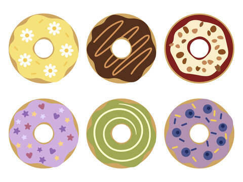Set of 6 sweet glazed donuts vector illustrations with various toppings, delicious bakery collection isolated on white background