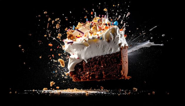 Chocolate cake slice exploding with white frosting splashes.