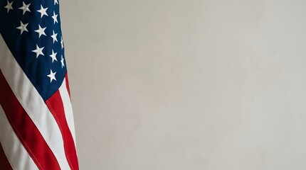 Obraz premium American flag subtly on left edge against a clean soft lit background with large negative space for copy. 
