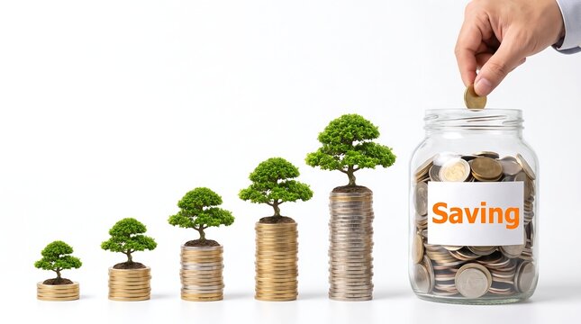Hand putting a coin into a glass jar with a label that says saving, next to stacks of coins with small trees growing on top isolated on white background